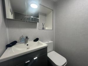a bathroom with a white sink and a toilet at Solway Firth View in Annan +24 photos