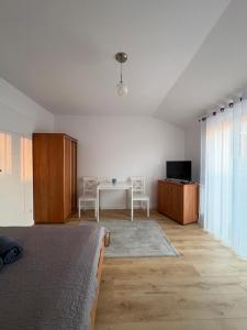 a bedroom with a bed and a table and a tv at Łabędź Jastarnia in Jastarnia
