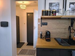a kitchen with a sink and a counter top at Apartament Wieżyczka in Świdnica