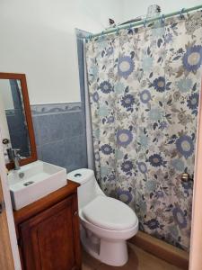 a bathroom with a toilet and a sink and a shower at Casa de Coral in Santa Lucía +1 photo