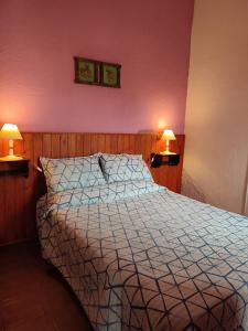 a bedroom with a bed with two lamps on the wall at Lago Azul in Embalse