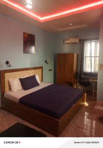 a bedroom with a large bed with a blue blanket at RichRoyal Hotels Ltd in Oruama
