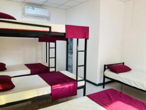 three bunk beds in a room with red blankets at Ashi Hostel Sigiriya in Sigiriya +33 photos