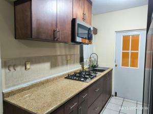 a kitchen with a stove and a microwave at Bonsai House in Ramos Arizpe