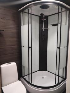 a bathroom with a glass shower with a toilet at Pihapiilo in Raahe
