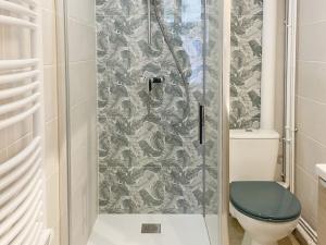 a shower with a green toilet in a bathroom at Notre Dame de Senlis by La boite en Plus in Senlis +3 photos