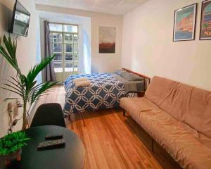 a living room with a couch and a bed at Cossy studio apartment in downtown in Cuenca