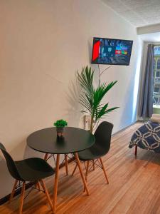 a living room with a table and chairs and a plant at Cossy studio apartment in downtown in Cuenca