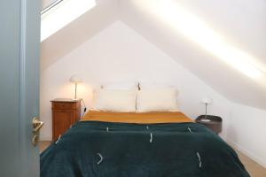 a bedroom with a bed with a green blanket at La Maison des Rues Pavées avec jardin by La Boîte En Plus in Senlis