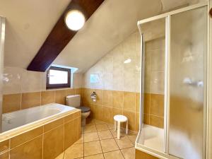 a attic bathroom with a tub and a toilet at Le Grand Vallon in Polleur +37 photos
