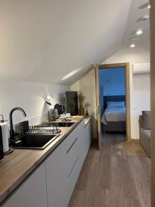 a kitchen with a sink and a kitchen with a bed at 7 Levandos in Palanga