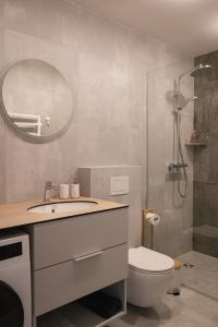 a bathroom with a sink and a toilet and a mirror at 7 Levandos in Palanga