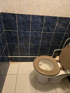 a bathroom with a toilet with a blue tiled wall at Séjour Eau Vive Proche commerces et Metro in Créteil +19 photos