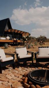 a group of chairs and a fire pit in the desert at Águila Lodge in San Miguel de Allende