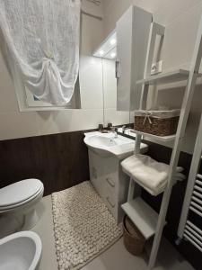 a white bathroom with a sink and a toilet at Casa Cianetta in San Dorligo della Valle +21 photos