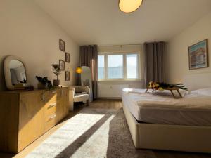 a bedroom with a bed and a dresser and a television at The Minimalist Suite in Šurany