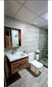 a bathroom with a sink and a toilet at Wadi rum lacshre in Disah