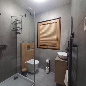 a bathroom with a shower and a toilet and a sink at Potokowe Zacisze in Zakopane +6 photos