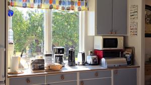 a kitchen counter with a microwave and a window at The Sheep Inn B&B in Arvika