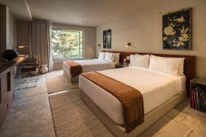 a hotel room with two beds and a desk at Hotel Oculto in Mexico City