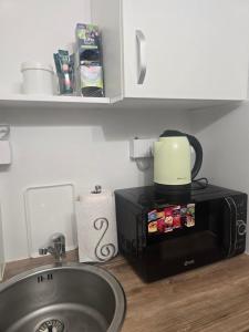 a microwave sitting on top of a counter next to a sink at Nada's room with terrace in Kotor
