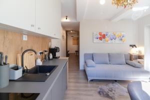 a kitchen and a living room with a couch at Kurort Kozubnik Daglezja D23 Vista Stay in Porąbka