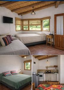 two pictures of a bedroom with two beds and a kitchen at El Sueñero in Tilcara