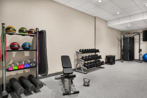 a gym with dumbbells and a rack of balls at Hampton Inn & Suites Charlotte Arrowood Rd in Charlotte