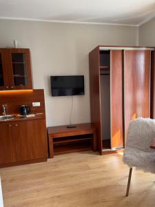 a living room with a tv and a chair at La Kozica in Kościelisko