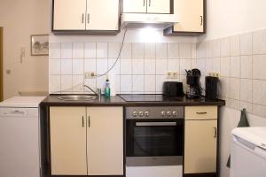 a kitchen with a sink and a stove at Am Blumenladen in Lübben