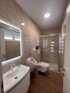 a bathroom with a sink and a toilet and a shower at Apartman Karmen in Brodarica
