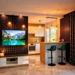 a kitchen with a flat screen tv on a wall at Studio Modlin in Nowy Dwór Mazowiecki