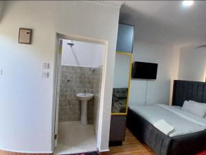 a bedroom with a bed and a shower and a sink at Jjhomes in Eldoret