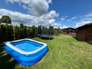 a blue tub sitting in the grass next to a swing at Domki pod Dębem in Wilkasy