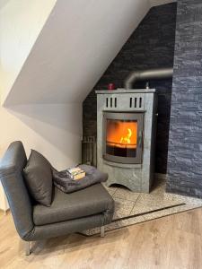 a living room with a couch and a fireplace at FeWo Eich im Emsland in Langen +9 photos