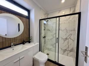 a bathroom with a shower and a toilet and a sink at Maria s Guest House, By OP in Ponta Delgada