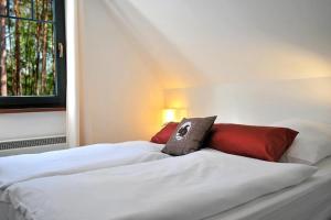 two beds in a room with white and red pillows at Doppelhaushälften im Naturresort Drewitz in Drewitz