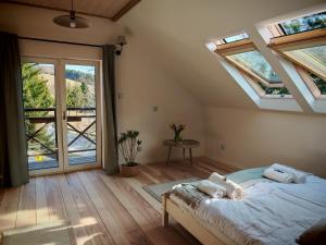 a bedroom with skylights and a bed with pillows at Słonna Chatka in Wujskie
