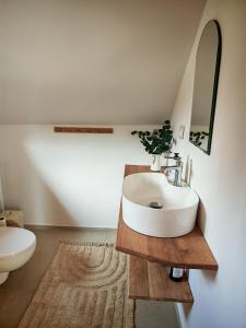 a bathroom with a sink and a toilet at Słonna Chatka in Wujskie +71 photos