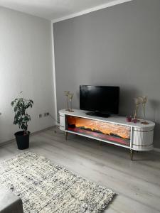 a living room with a flat screen tv on a table at Hinterhaus-Idyll Markranstädt in Markranstädt