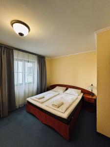 a bedroom with a large bed in front of a window at Pokoje Stary Rynek in Elblag