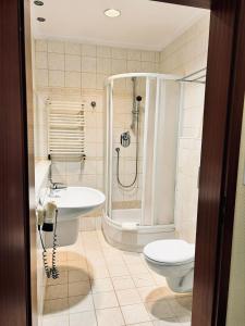 a bathroom with a shower and a toilet and a sink at Pokoje Stary Rynek in Elblag