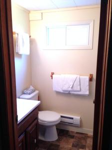 a bathroom with a toilet and a window and towels at Colonial Bay Motel and Cottages in Huntsville