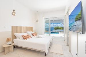 a bedroom with a bed and a view of the ocean at Villa Andrea in Case-Pilote
