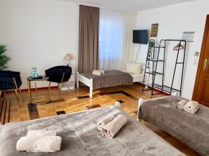 a living room with two beds and a table at Pension Francesco in Nuremberg