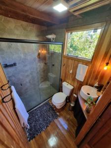 a bathroom with a shower and a toilet and a sink at Chalé SZ Pantanal in Cáceres +44 photos