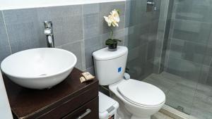 a bathroom with a white toilet and a sink at Sunshine Boutique Hotel in San Andrés