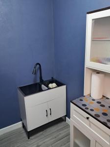 a bathroom with a sink and a blue wall at Small's Cozy Rest 9 Efficiency in South Bimini +1 photo