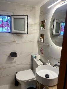 a bathroom with a white toilet and a sink at Casa de Elena Marousi in Athens +12 photos