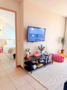 a living room with a television on a wall at Au cœur des vignes - Piscine Sauna & Climatisation in Levernois